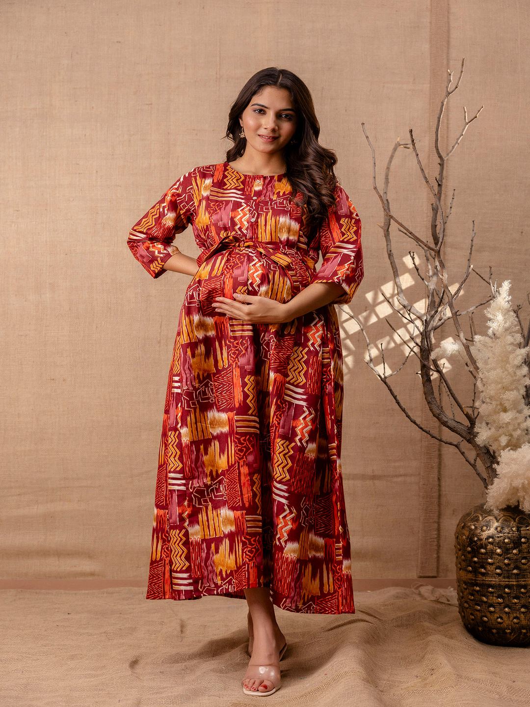 Maroon Printed Flared Maternity Dress