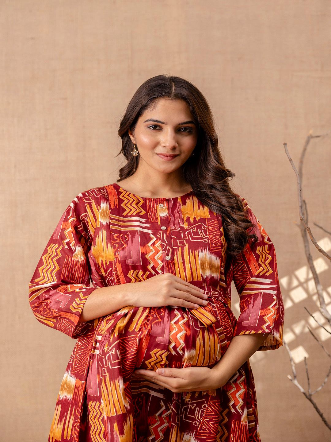 Maroon Printed Flared Maternity Dress