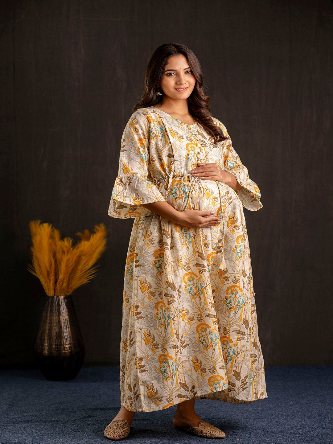 Off White Printed Flared Maternity Dress