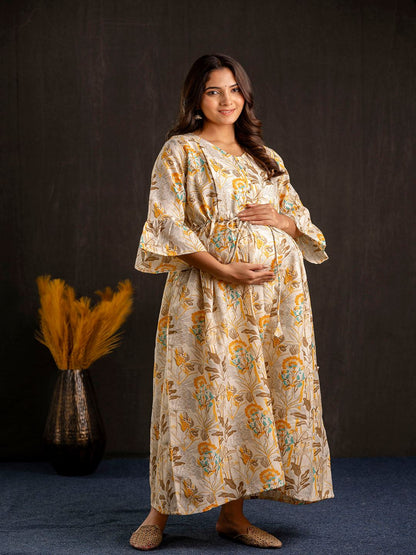 Off White Printed Flared Maternity Dress