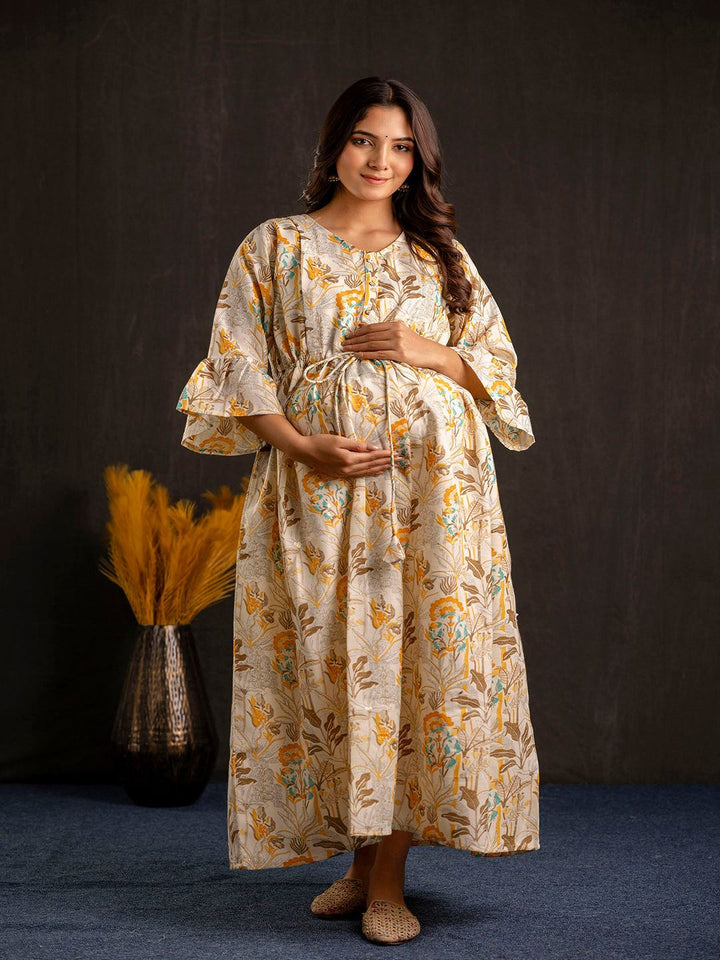 Off White Printed Flared Maternity Dress