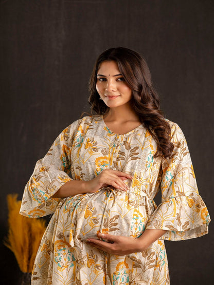 Off White Printed Flared Maternity Dress