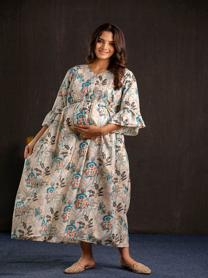 Off White Printed Flared Maternity Dress