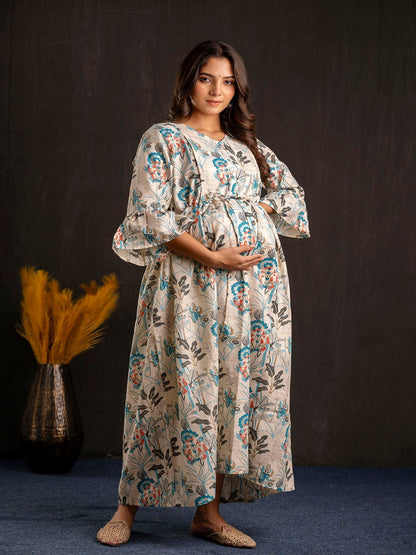 Off White Printed Flared Maternity Dress