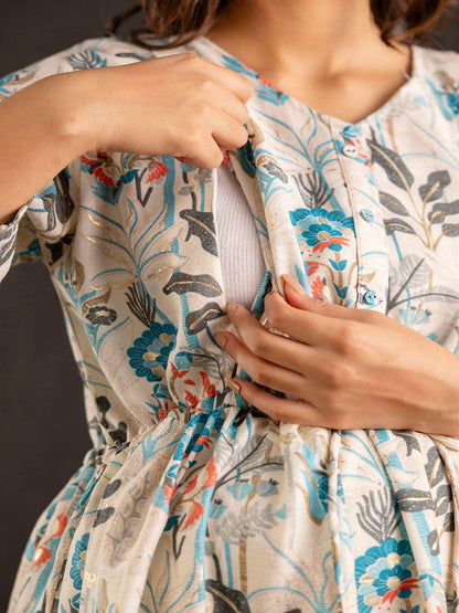 Off White Printed Flared Maternity Dress