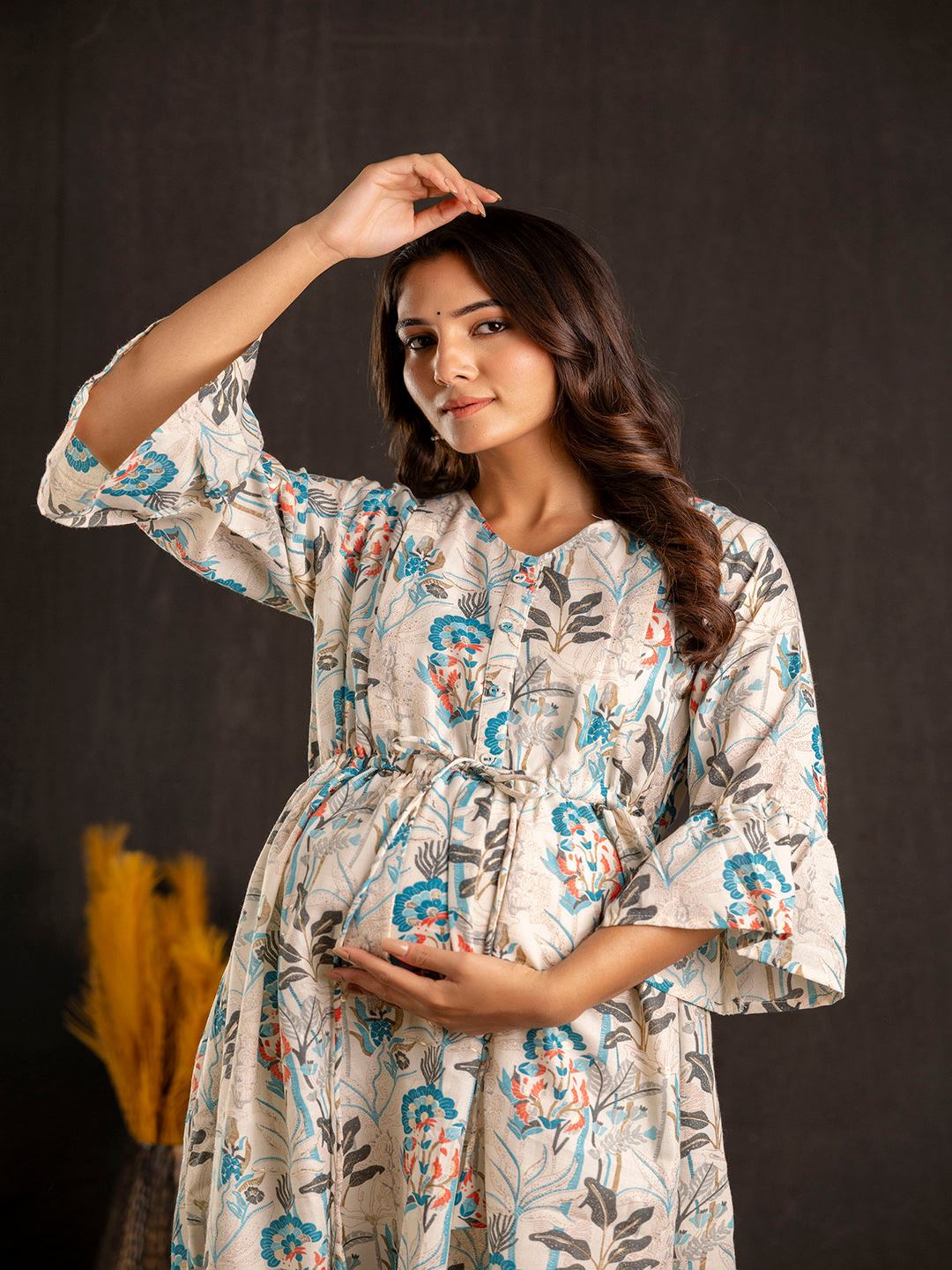 Off White Printed Flared Maternity Dress