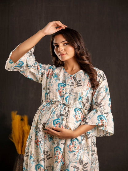 Off White Printed Flared Maternity Dress