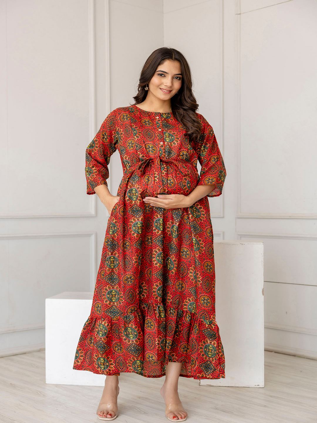 Maroon Printed Flared Maternity Dress