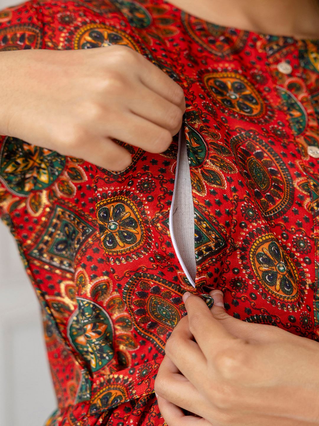 Maroon Printed Flared Maternity Dress