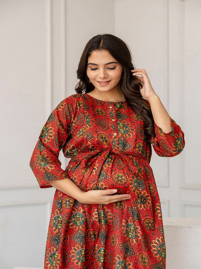 Maroon Printed Flared Maternity Dress