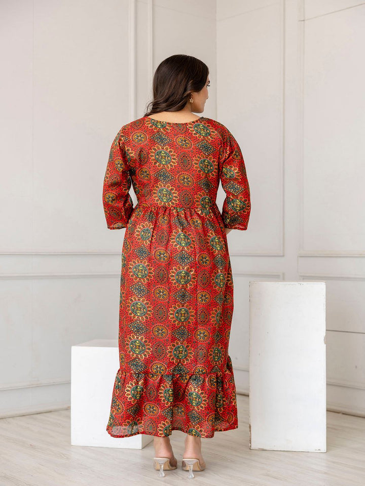 Maroon Printed Flared Maternity Dress