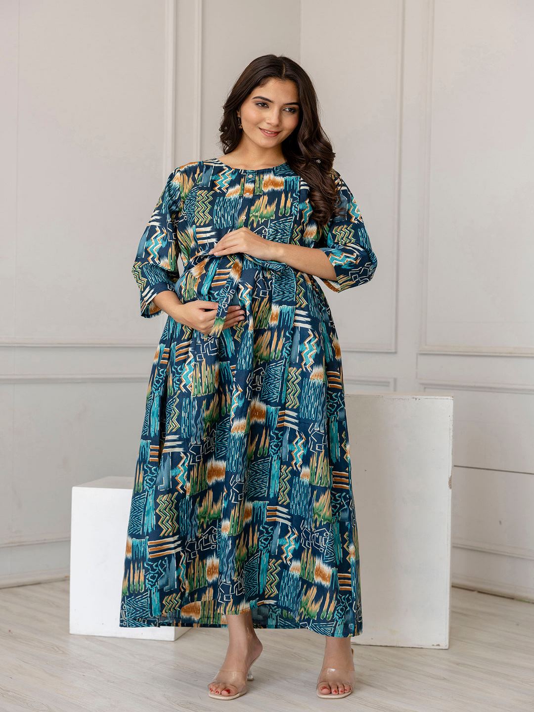 Multi Printed Flared Maternity Dress