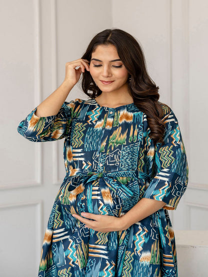 Multi Printed Flared Maternity Dress