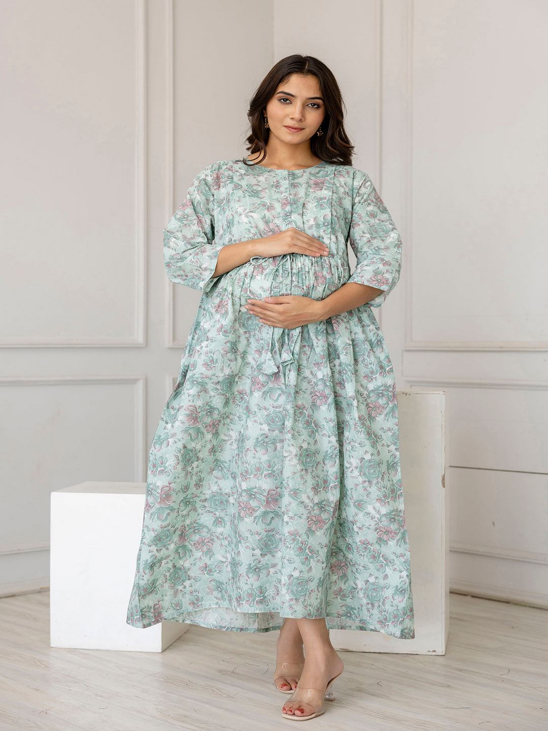 Green Printed Flared Maternity Dress