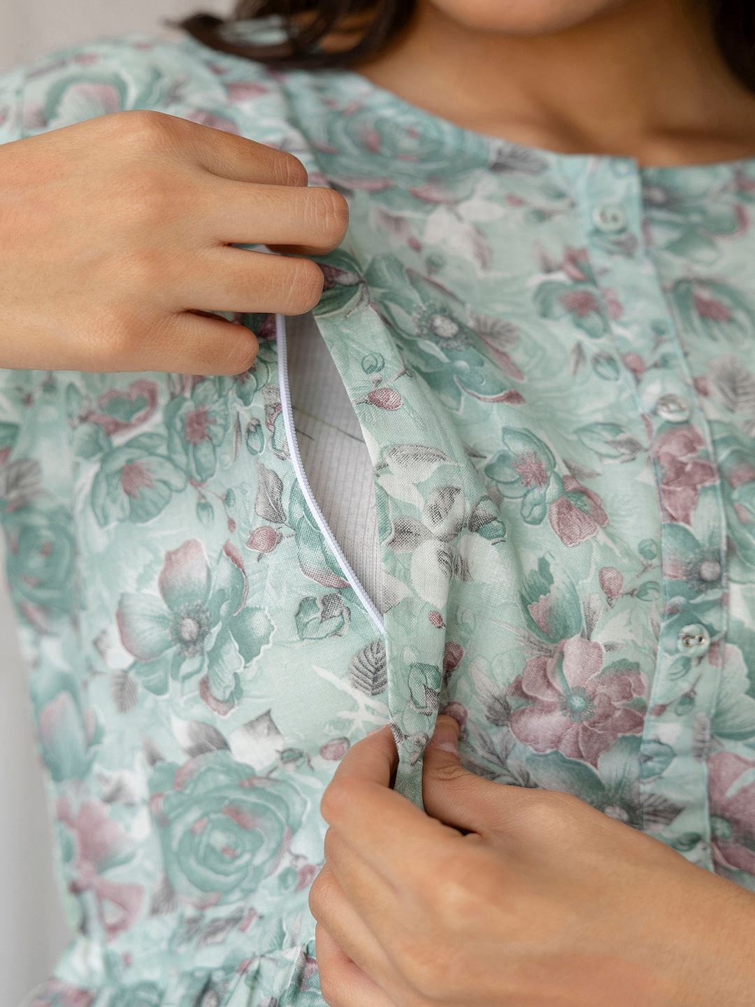 Green Printed Flared Maternity Dress