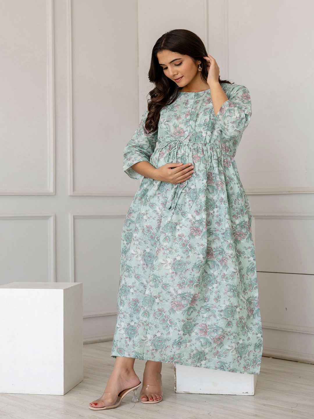 Green Printed Flared Maternity Dress Trendphoria Green Printed Flared Maternity Dress Trendphoria