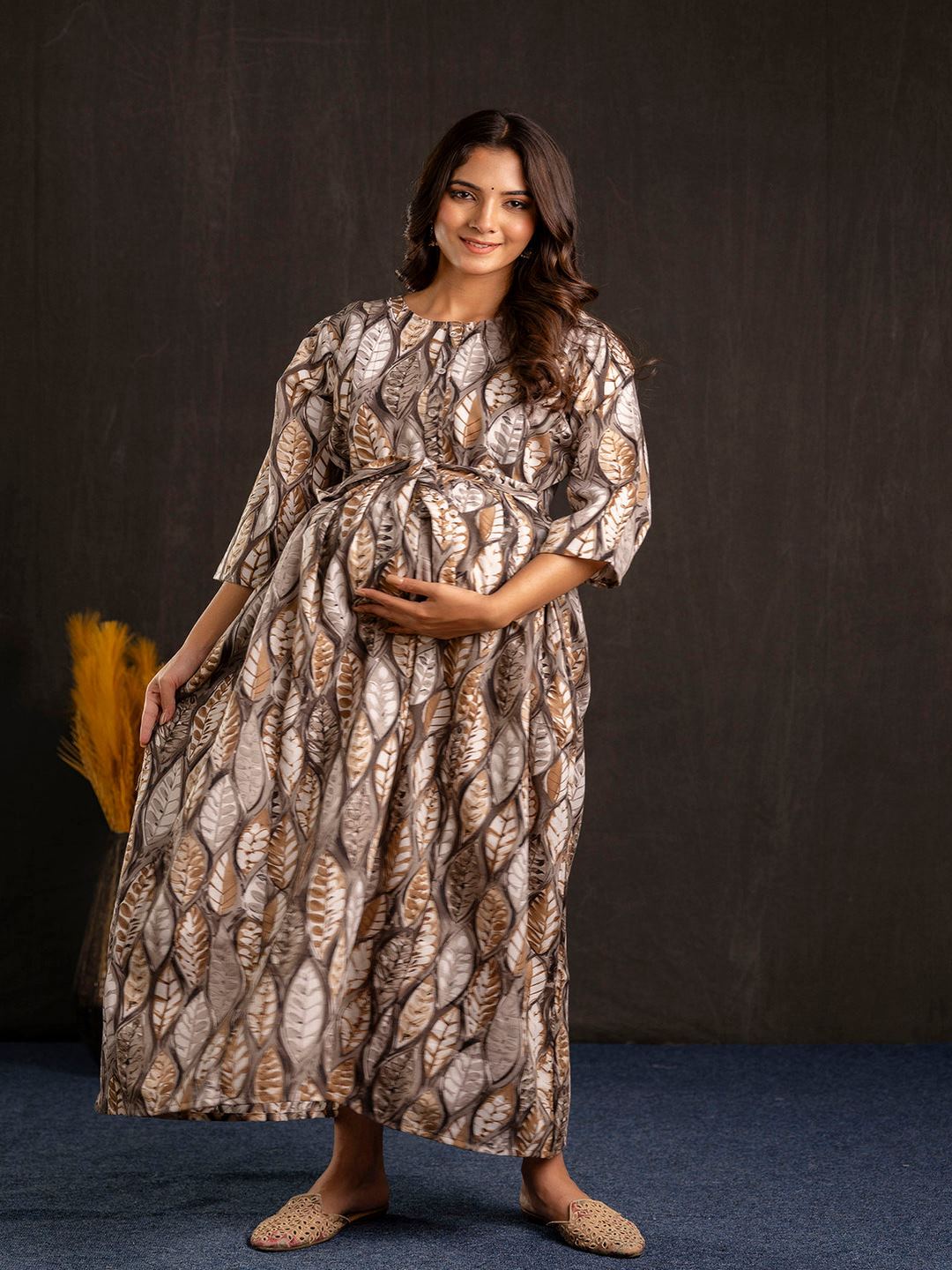 Grey Printed Flared Maternity Dress