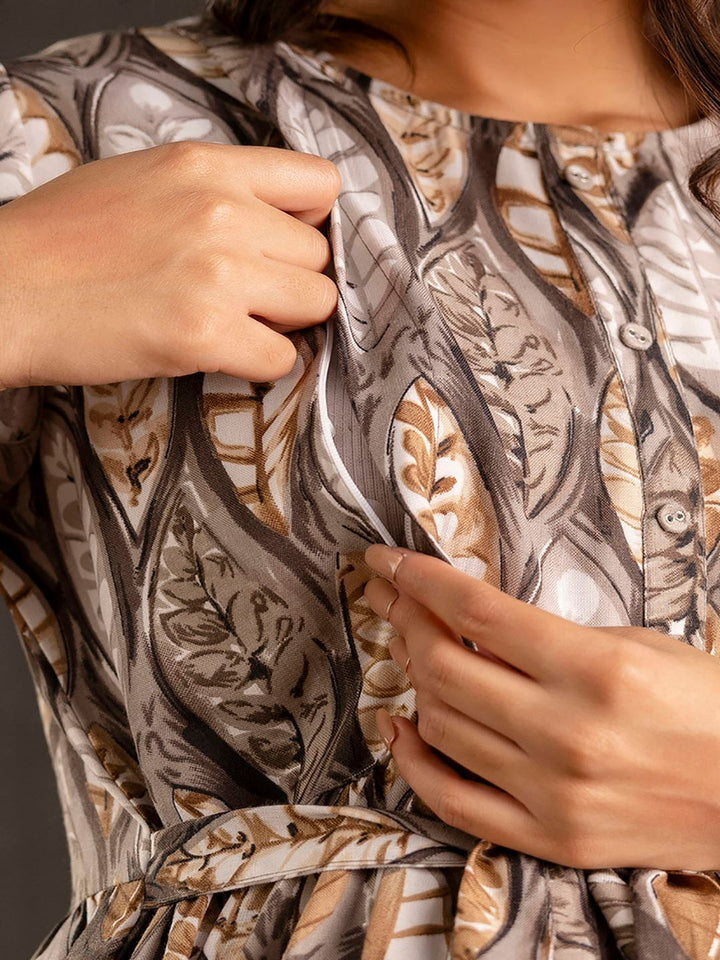 Grey Printed Flared Maternity Dress