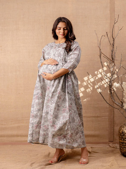 Grey Printed Flared Maternity Dress