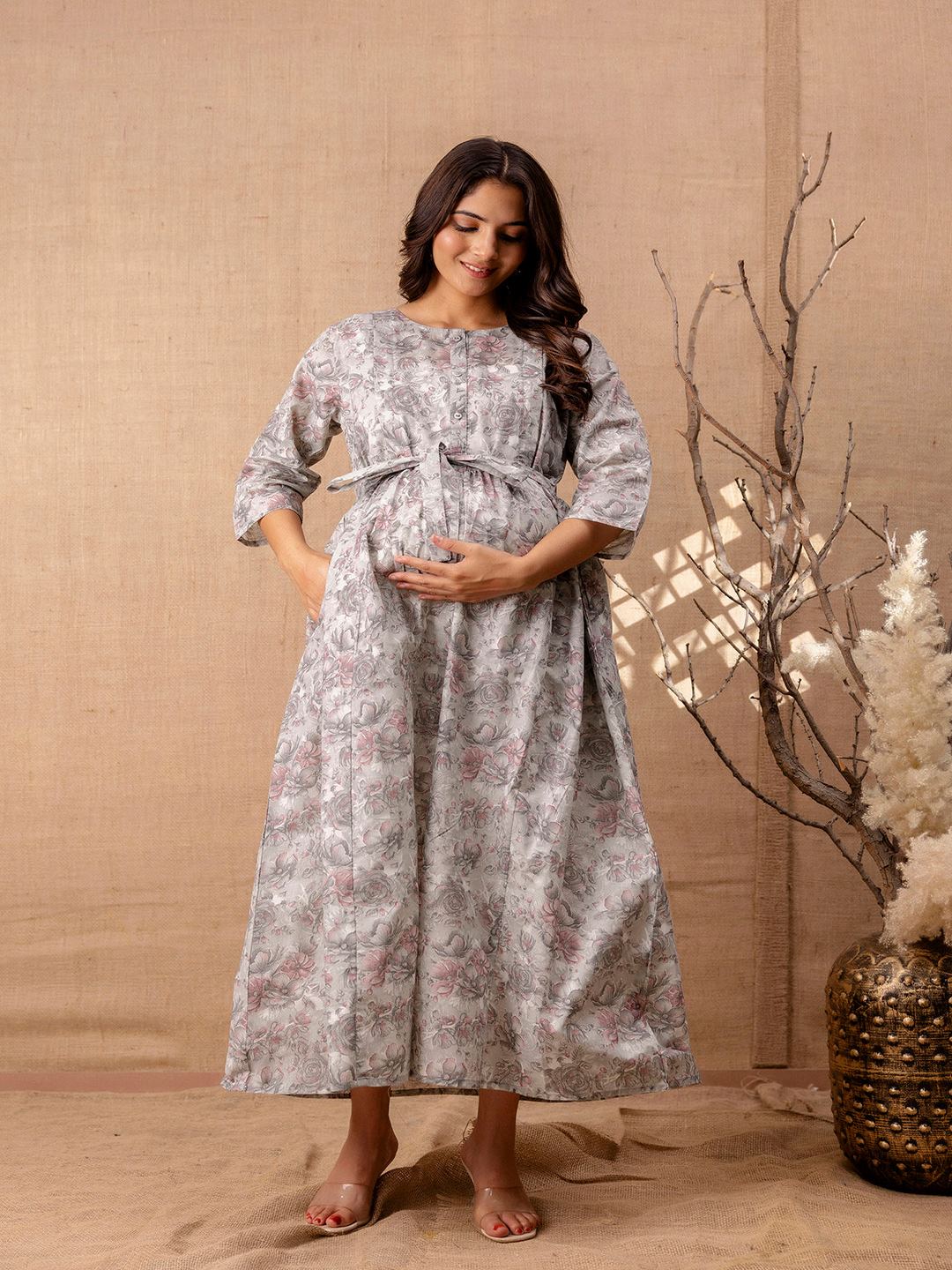 Grey Printed Flared Maternity Dress