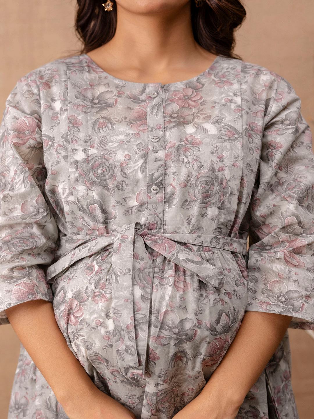 Grey Printed Flared Maternity Dress