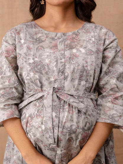 Grey Printed Flared Maternity Dress