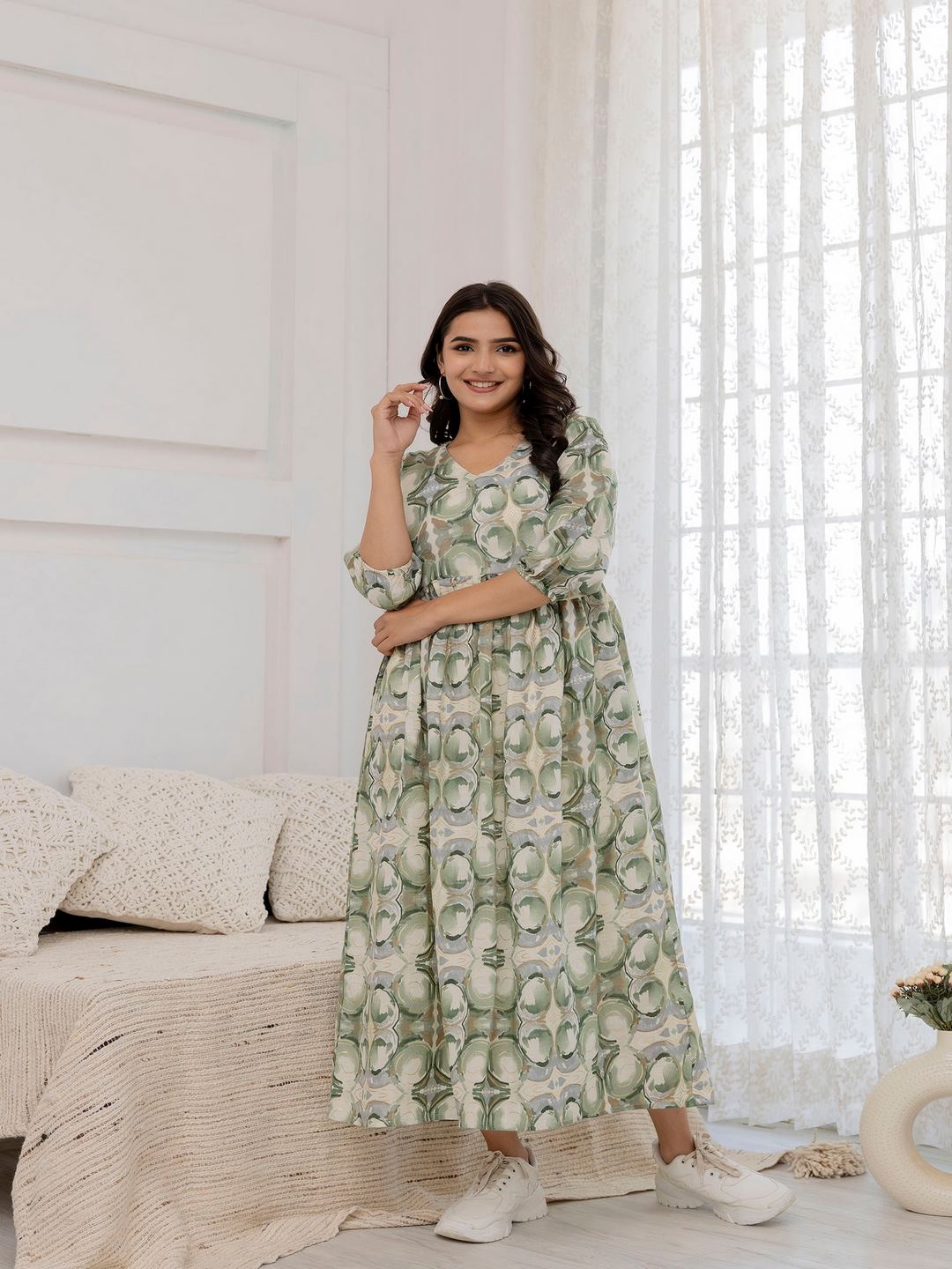 Green Abstract Printed Flared Dress