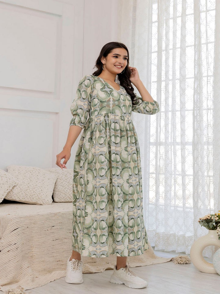 Green Abstract Printed Flared Dress