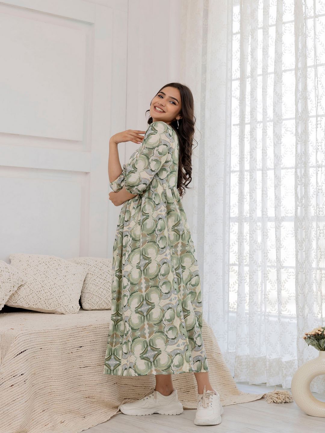 Green Abstract Printed Flared Dress