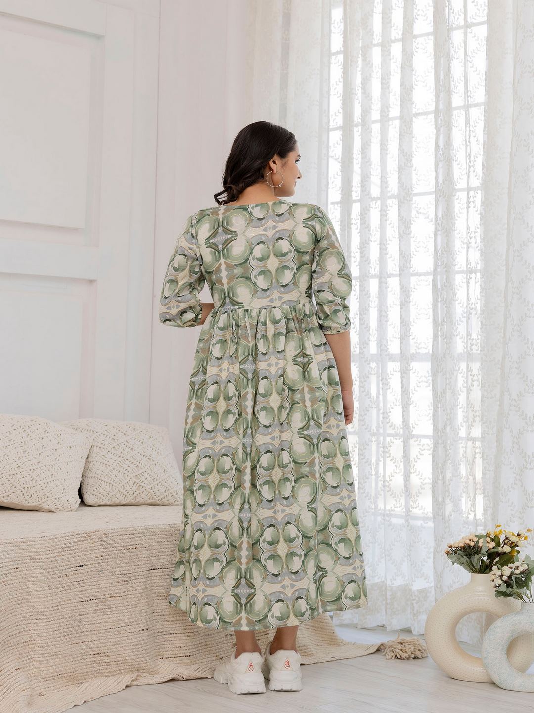 Green Abstract Printed Flared Dress