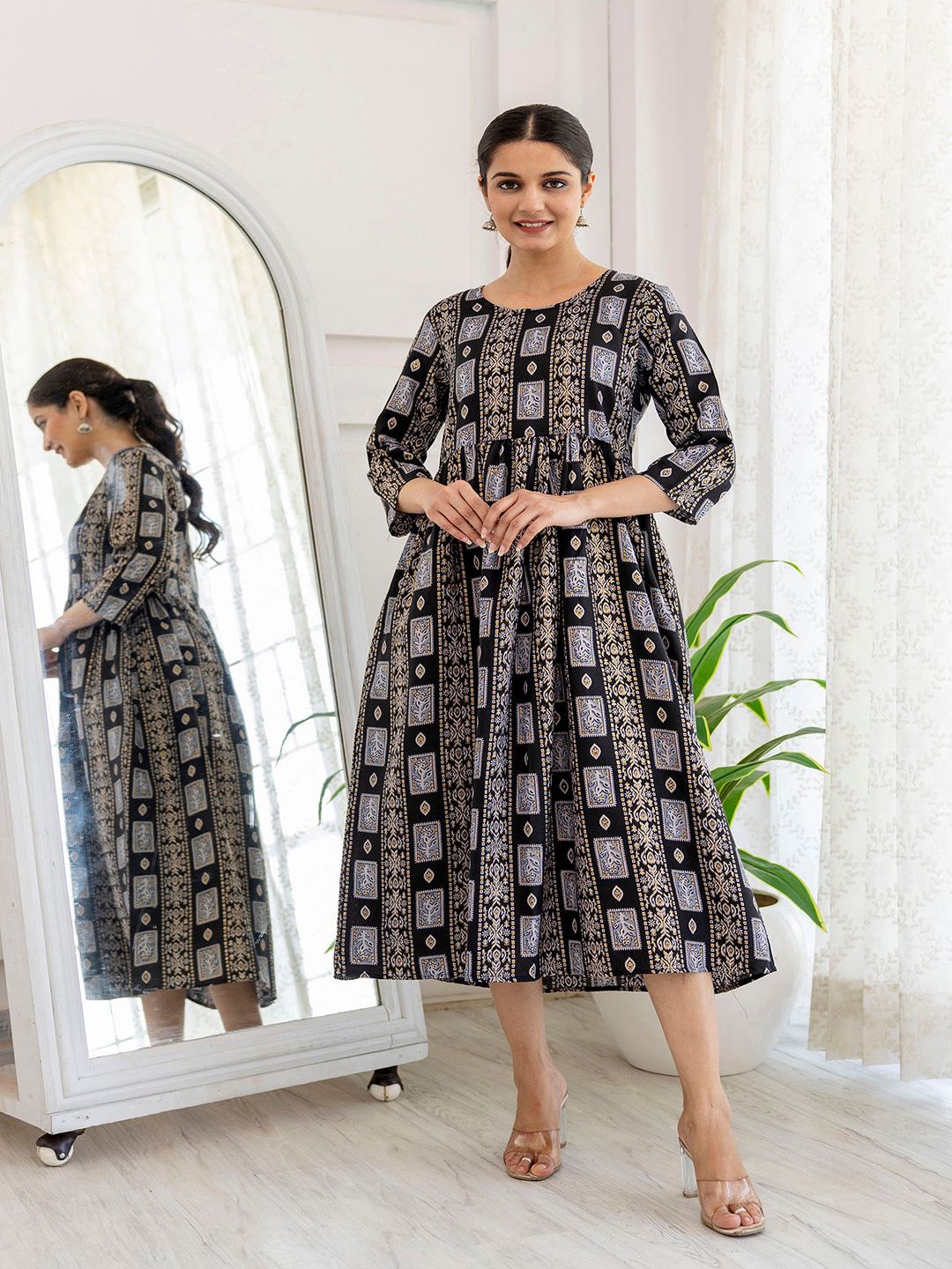 Black Ethnic Printed Flared Dress
