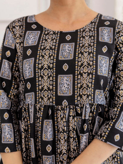 Black Ethnic Printed Flared Dress