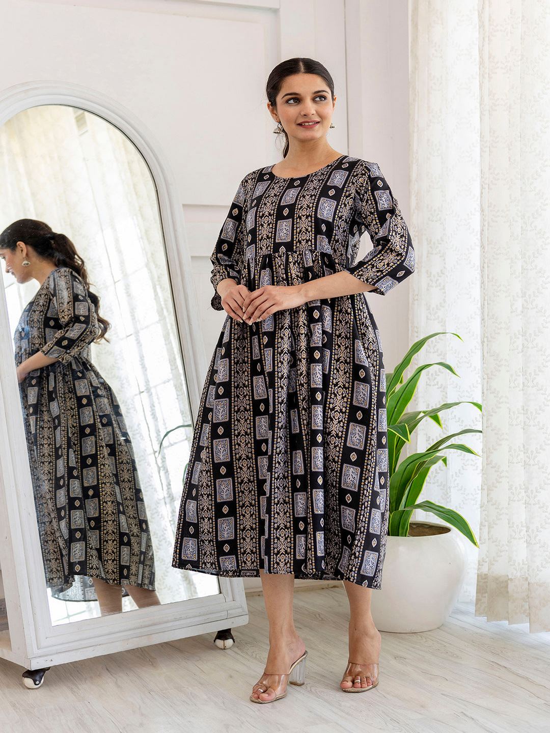 Black Ethnic Printed Flared Dress