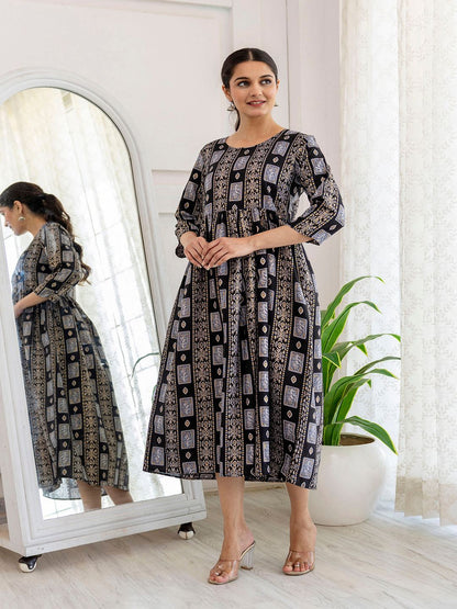 Black Ethnic Printed Flared Dress