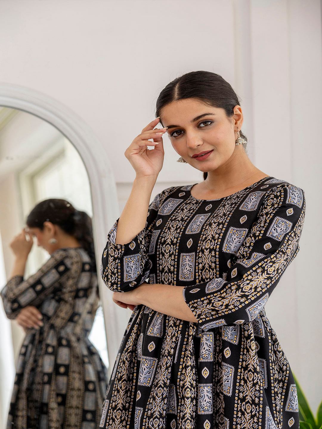 Black Ethnic Printed Flared Dress