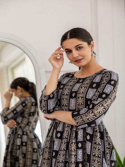Black Ethnic Printed Flared Dress