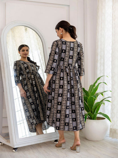 Black Ethnic Printed Flared Dress