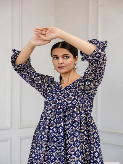 Blue Ethnic Printed Flared Dress