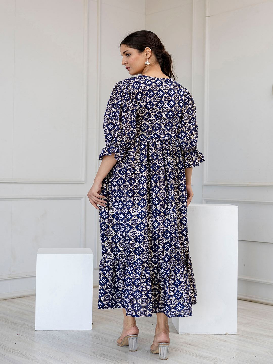 Blue Ethnic Printed Flared Dress