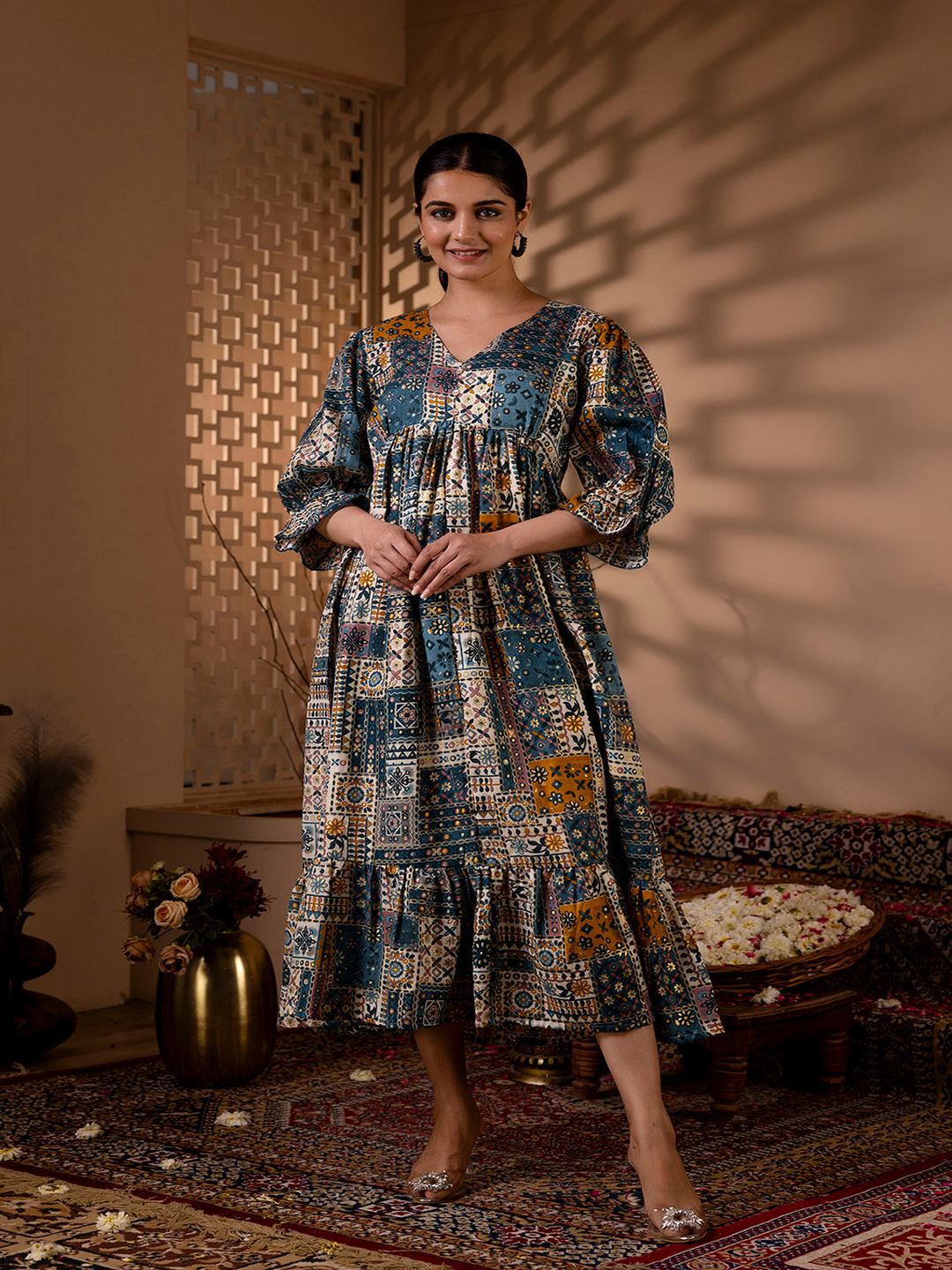 Multi Ethnic Printed Flared Dress