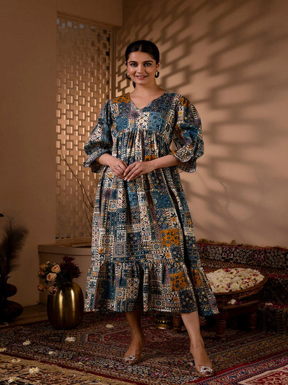 Multi Ethnic Printed Flared Dress