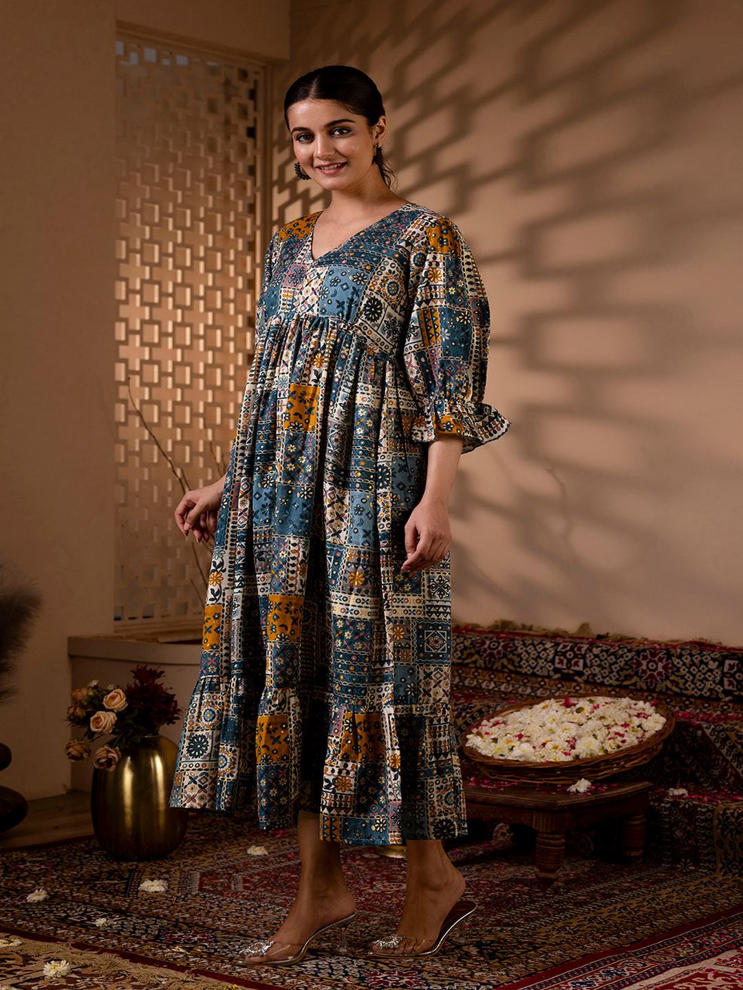 Multi Ethnic Printed Flared Dress