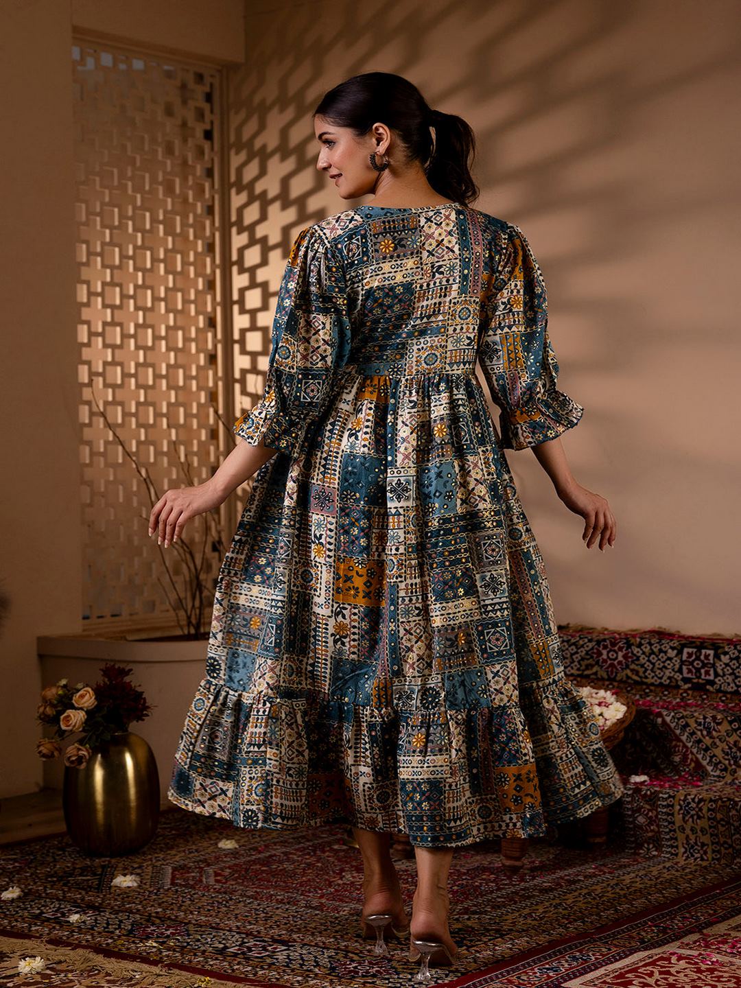 Multi Ethnic Printed Flared Dress