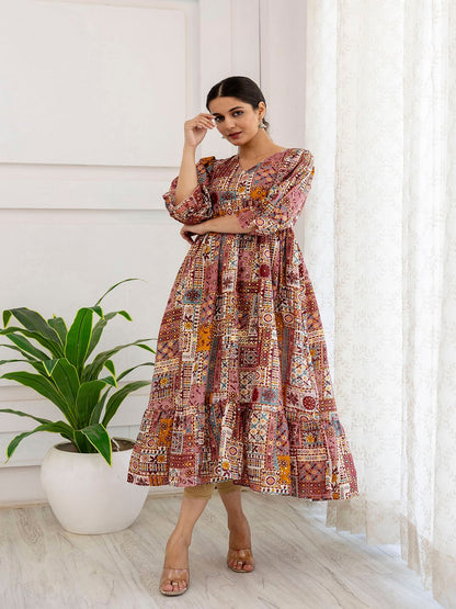 Multi Ethnic Printed Flared Dress