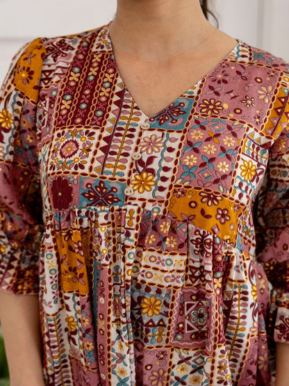 Multi Ethnic Printed Flared Dress