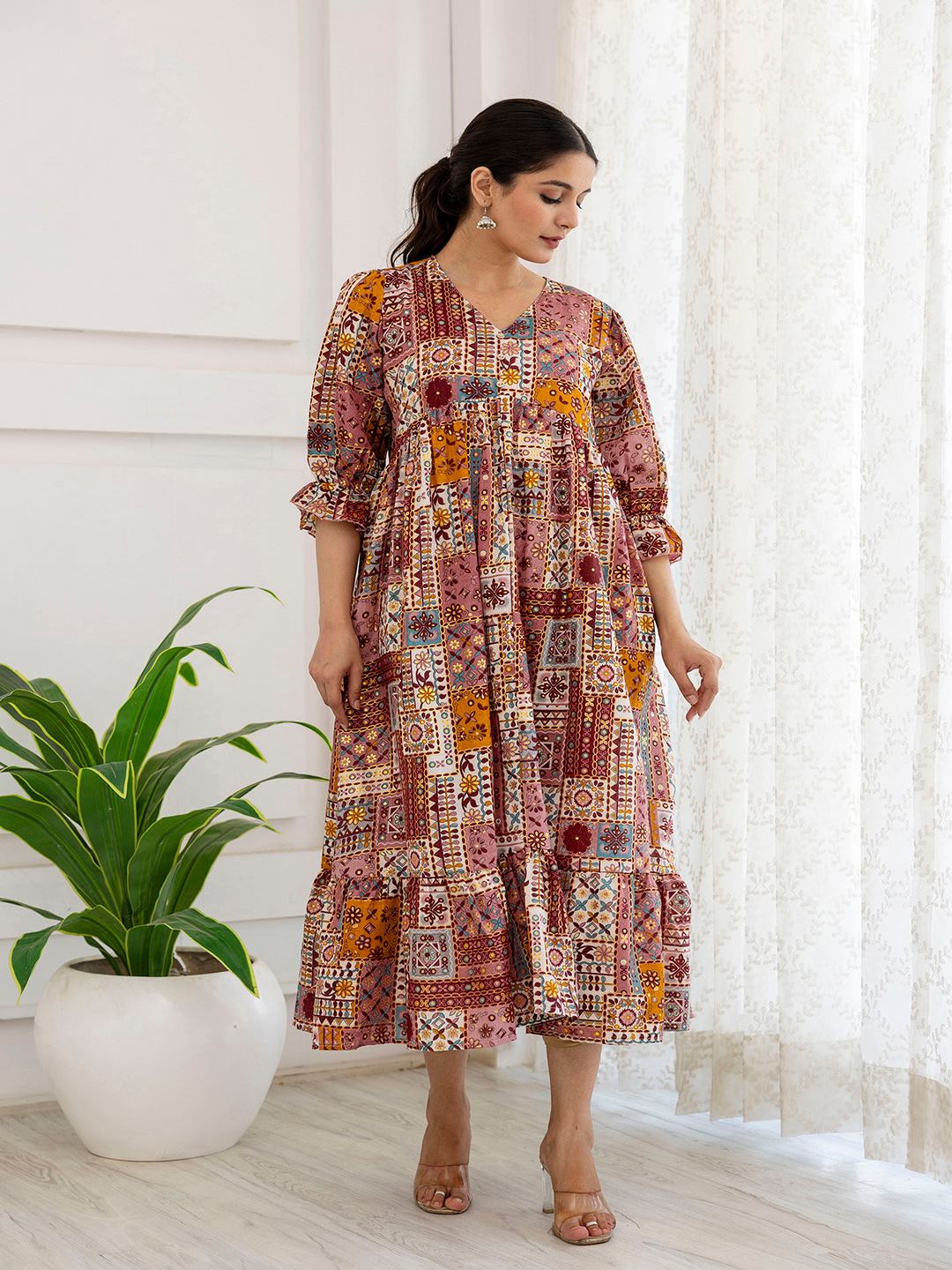 Multi Ethnic Printed Flared Dress