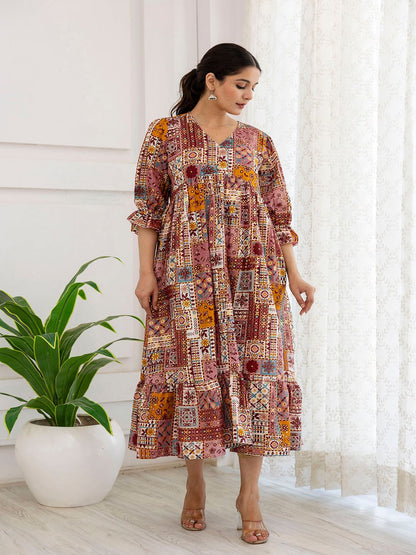 Multi Ethnic Printed Flared Dress