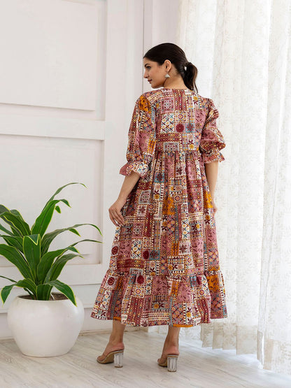 Multi Ethnic Printed Flared Dress
