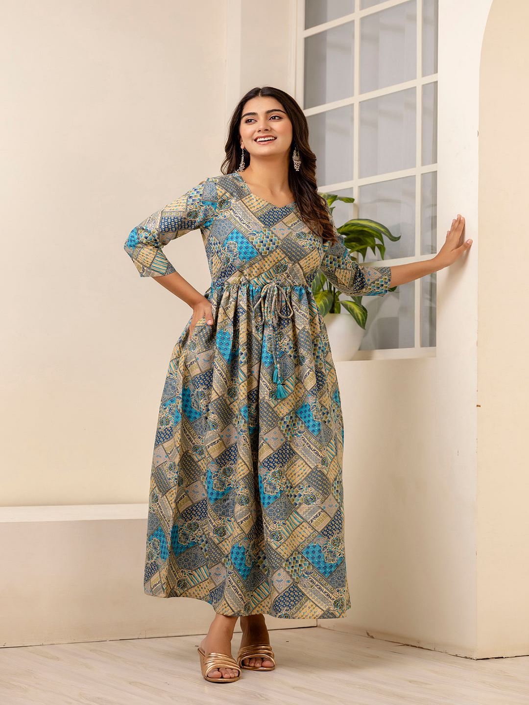 Multi Ethnic Printed Flared Dress