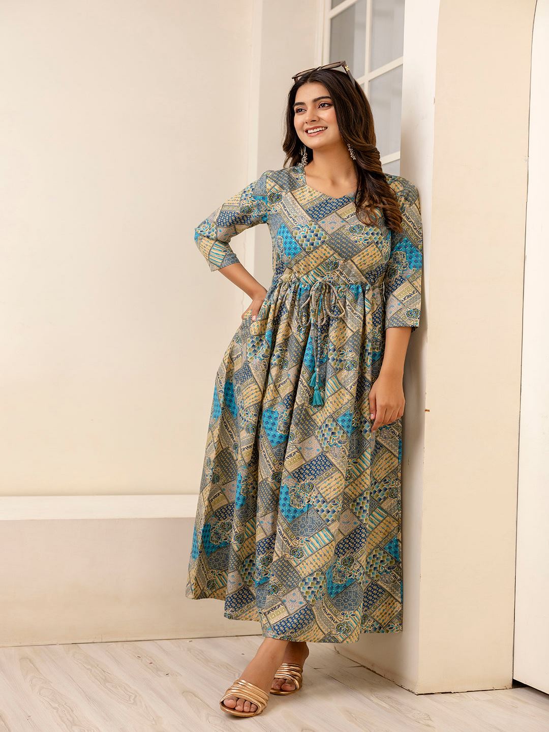Multi Ethnic Printed Flared Dress